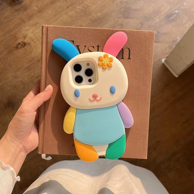 Japan Ins Kawaii 3D Cartoon Rainbow Bunny Rabbit Soft Silicon Phone Case Shockproof Cover for iPhone 16 15 14 Plus 13 12 Pro Max