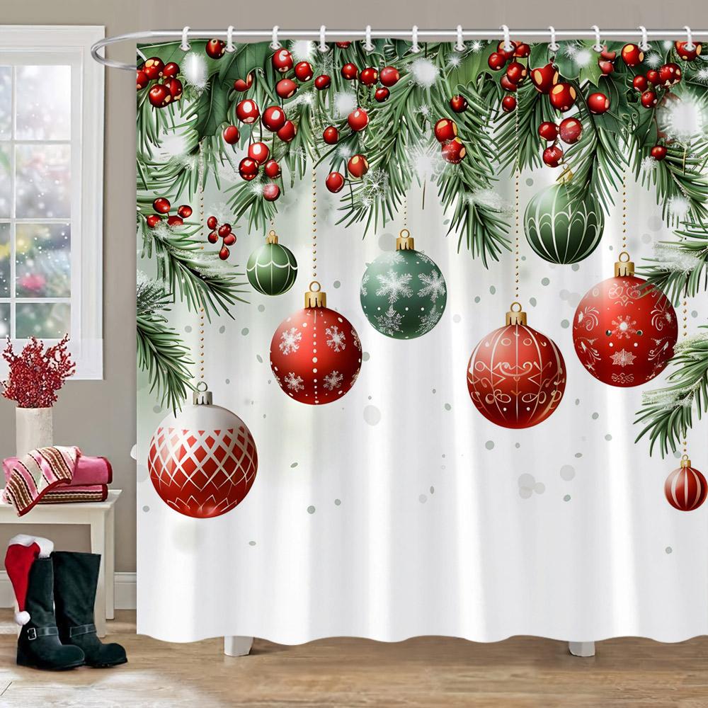 Christmas Printed Shower Curtain Cute Snowman Red Truck Christmas Tree Socks Gifts Winter Fabric Shower Curtains Bathroom Decor