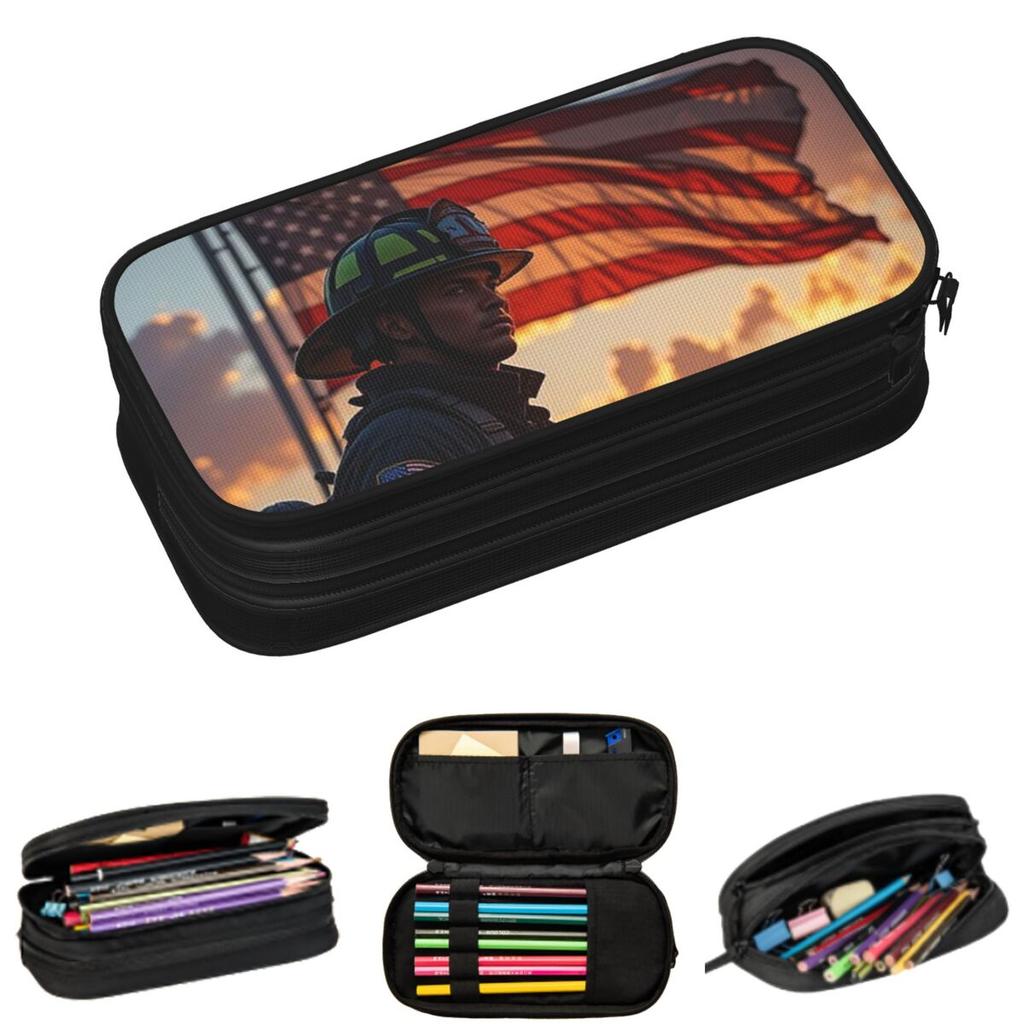 Firemen Featuring Usa A Flag Pencil Cases for Students School Pen Box Pencil Bag Large Capacity Pencil Pouch