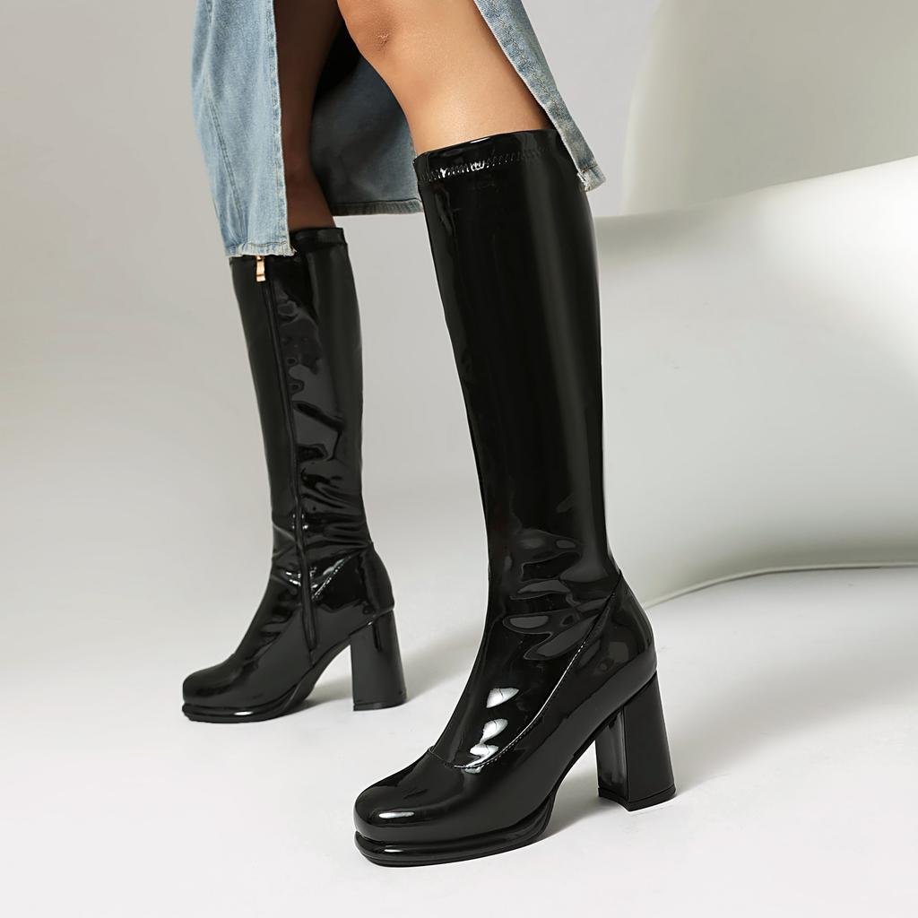 Sung Fit Women's Knee High Boots Gold Silver Comfy Shoes Soft Patent Leather Chunky High Heels Footwear