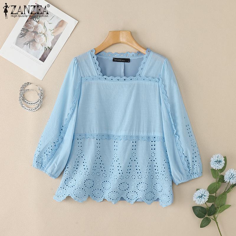 ZANZEA Women Square Collar Summer Hollow Embroidered Casual 3/4 Sleeve Blouse