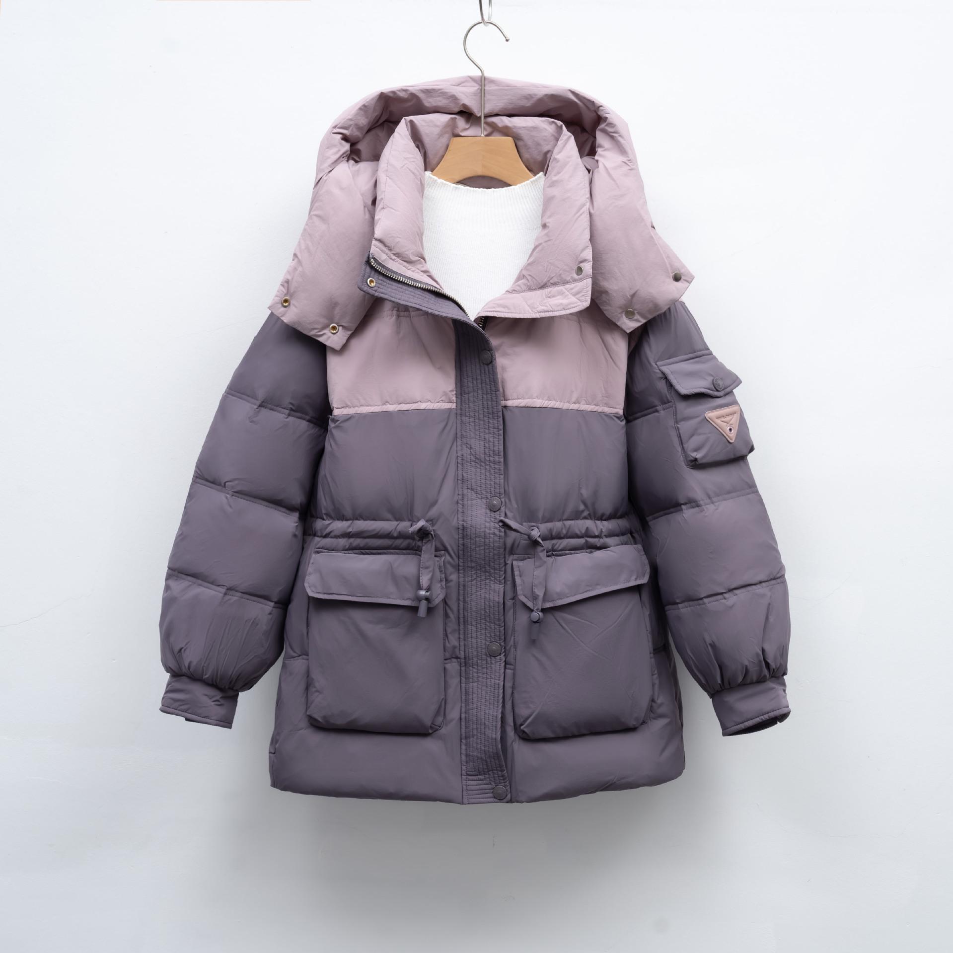 Loose color matching hooded warm winter bread jacket zipper long sleeve thickened down jacket M