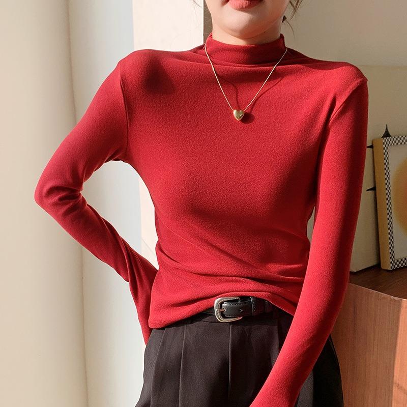 Women Solid Half High Collar Seamless Slim Fit Warm Thermal Base Layer Top