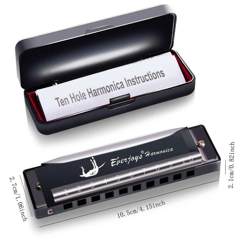 EVERJOYS Diatonic Harmonica 10 Hole Blues Harp with Polishing Instruction Key of C Case, Cloth, Manual,