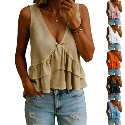 Women's Fashionable Loose V-Neck Ruffled Sleeveless Top