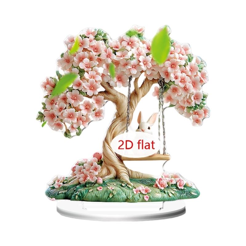

Cute 2D Acrylic Rabbit On Flower Tree Swing Ornament with Base Spring Bunnies Sculpture For Easter Holiday Parties Gift