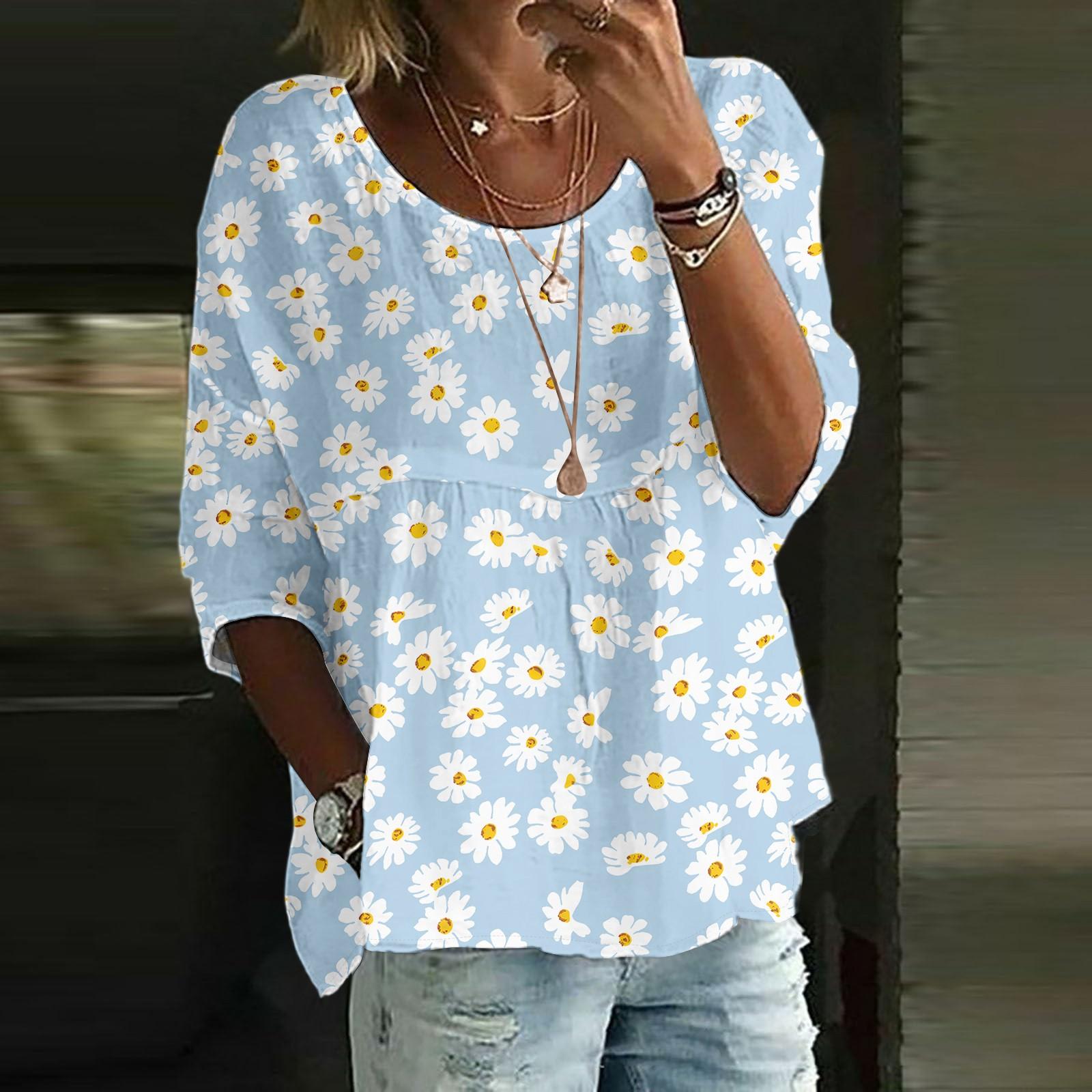 

Women s Casual Fashion Three-quarter Sleeve Loose Round Neck Floral Print Top XXL
