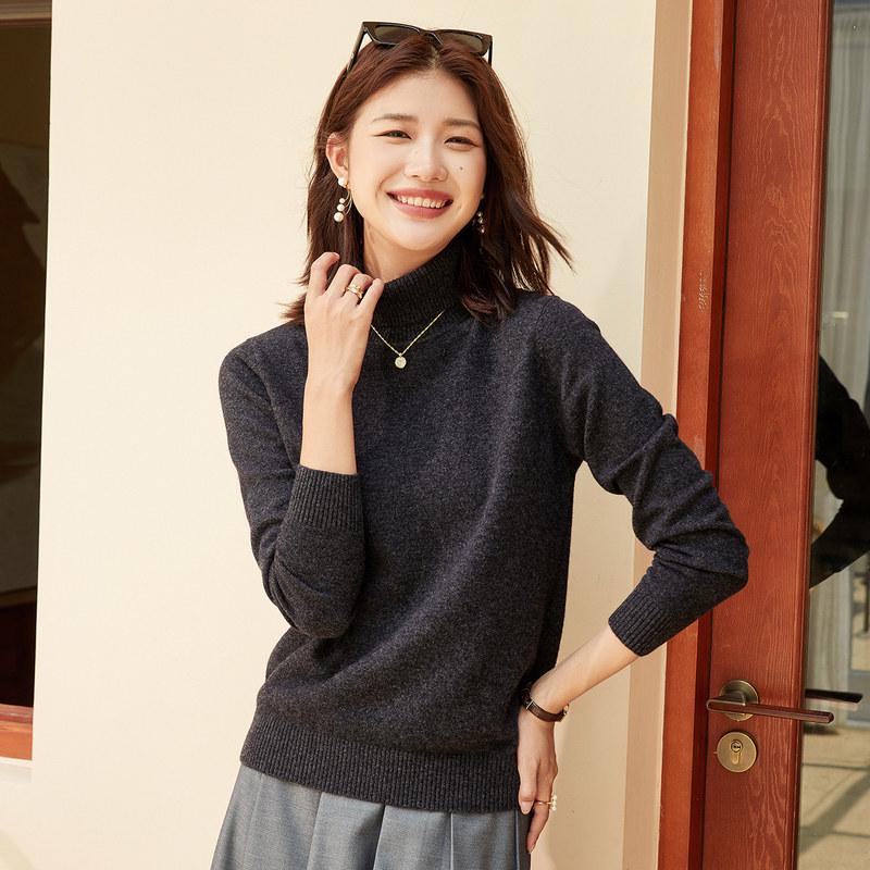 Women's Pure Wool Half-High Neck Knit Sweater - Solid Color, Warm Autumn/Winter Pullover
