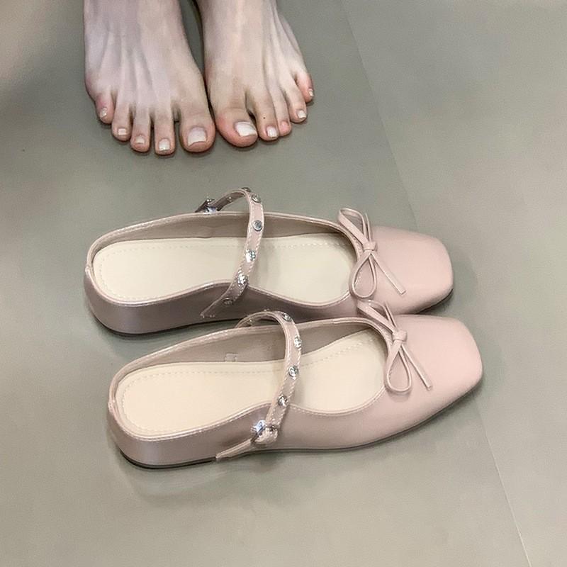

inner height increase thick bottom bow soft bottom naked pink bag head half slippers women wear muller cool slippers in summer 40