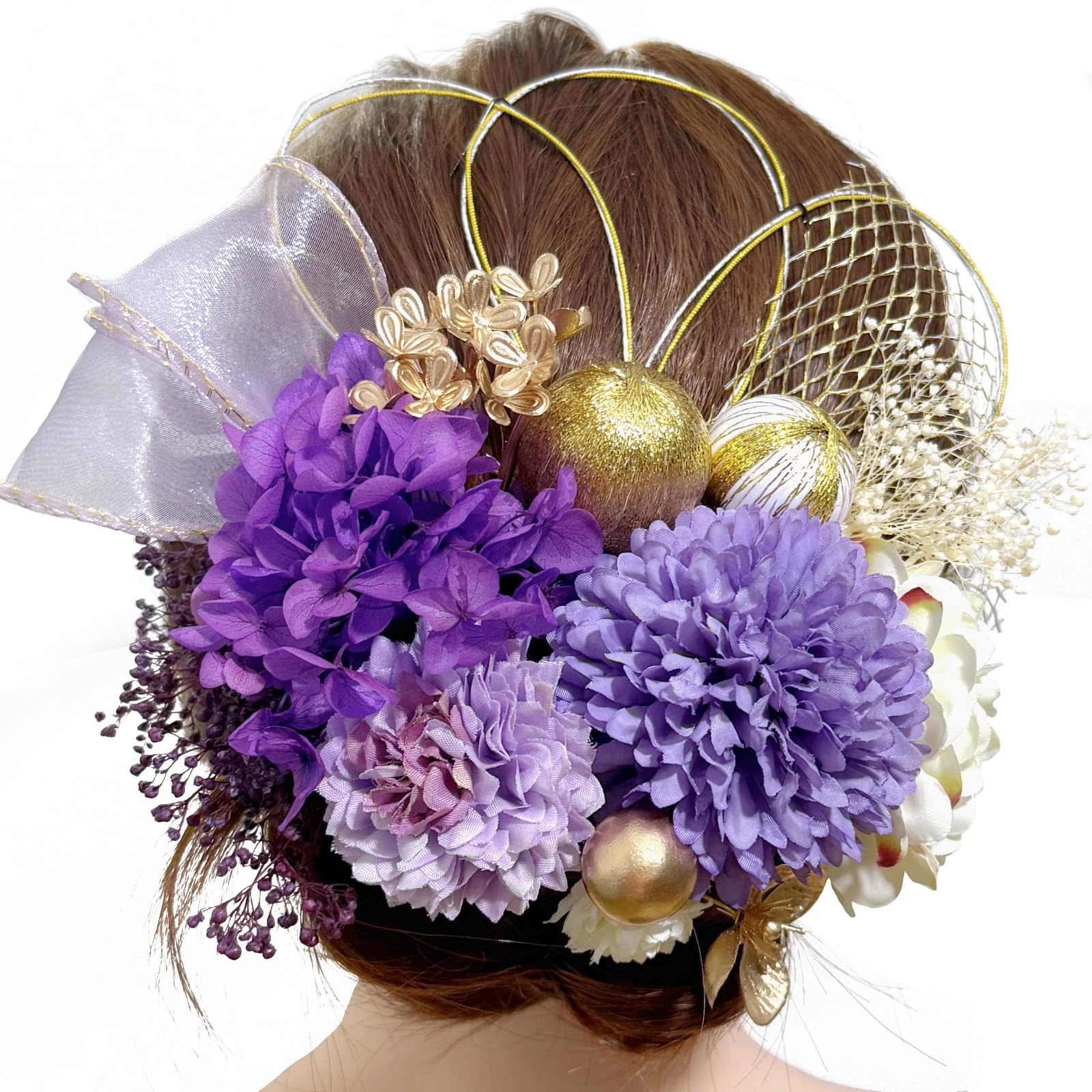 

[ULITU] Hair Ornament for Coming-of-Age Ceremony, Ribbon, Mizuhiki, Dried Flowers, Hydrangea, Ping Pong Chrysanthemum, Baby s Breath, Japanese Ball,