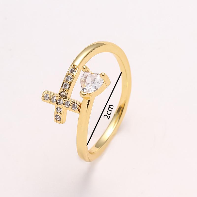 Exquisite Sparkling Zircon Heart Cross Opening Ring, Women's Fashion Trend Holiday Party Accessories