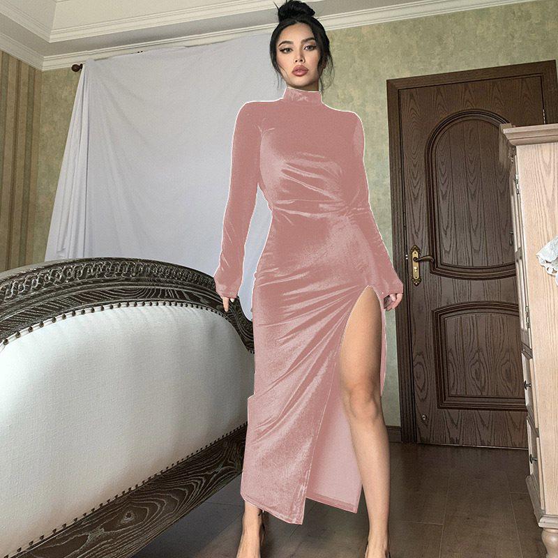 2023 European & American Style High Neck Velvet Long Dress with Slim Fit, Ruched Detailing & Slit - Autumn/Winter Women’s Fashion