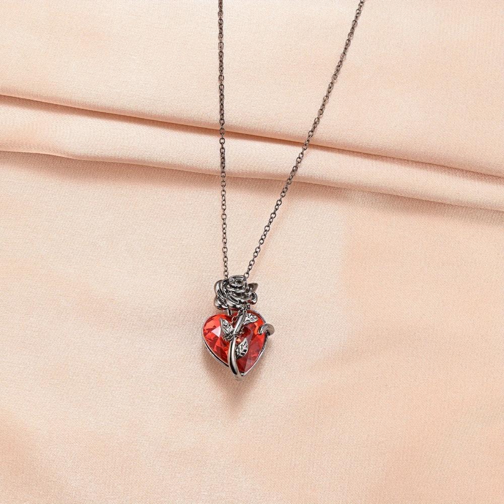 Cute Rose Decor Red Heart Shaped Pendant Necklace, Christmas Holiday Gift Birthday Gift For Teen Girls