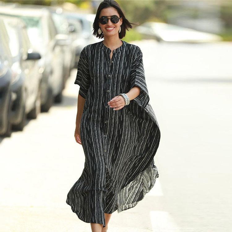 2021 Europäischer & Amerikanischer Gestreifter Strand-Überwurf - Vier-Wege-Stretch, Sexy Schwarzer & Brauner Langer Morgenmantel, Einreihiger Bikini-Überwurf.