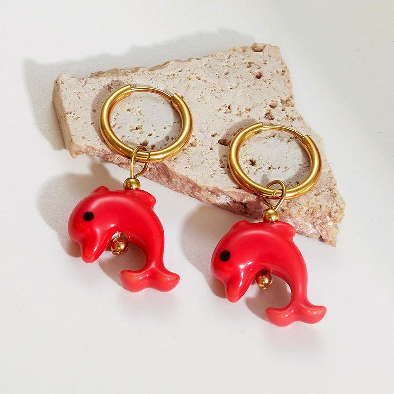 Ceramic Dopamine Fish Starfish Earrings For Women Colorful Vibrant Pendant Youthful Stainless Steel Jewelry Gift