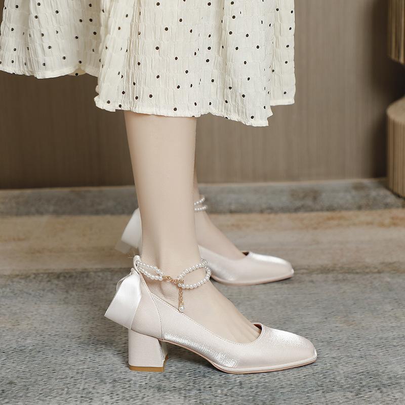 Women's Shoes Square Head High Heels Thick Heel Mary Jane Shoes New Red Wedding Shoes High Sense Pearl Medium Heel Single Shoes