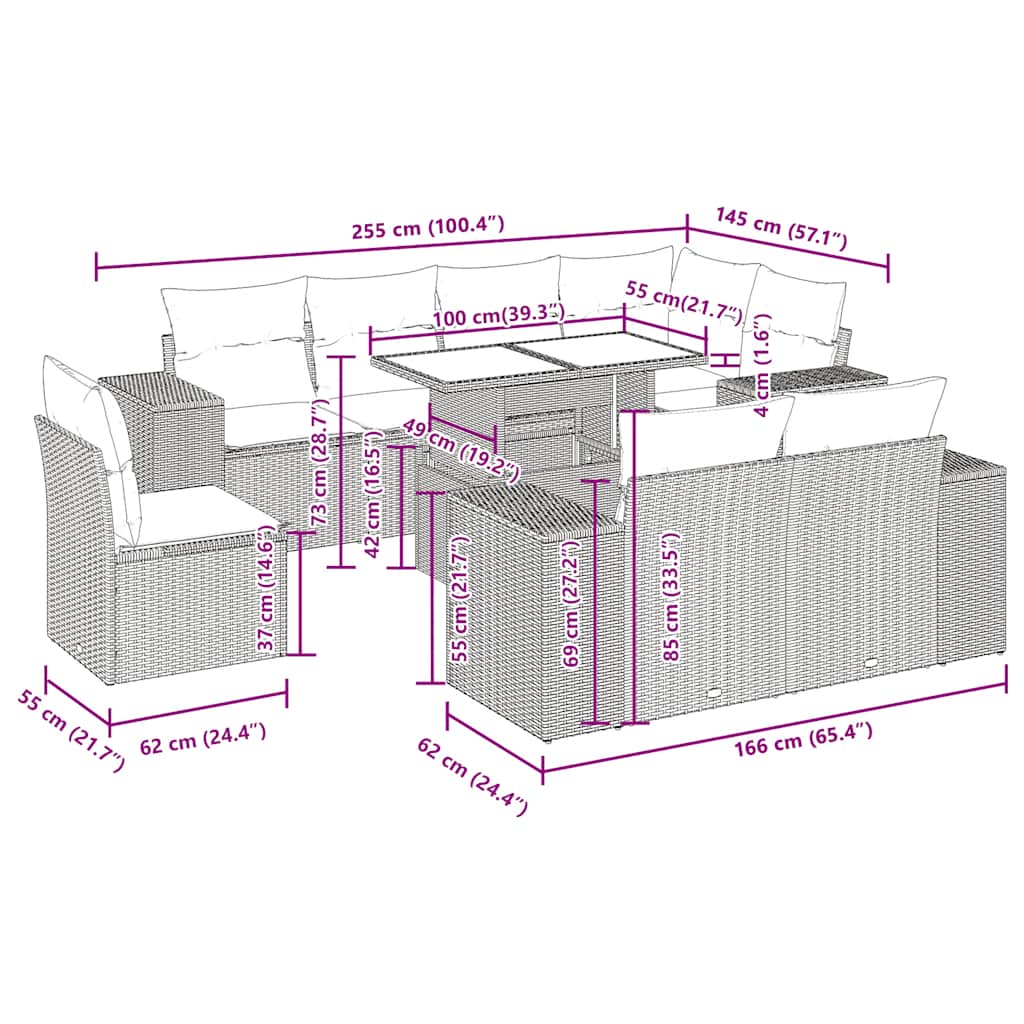 9 Piece Grey Garden Sofa Set with Cushions Poly Rattan