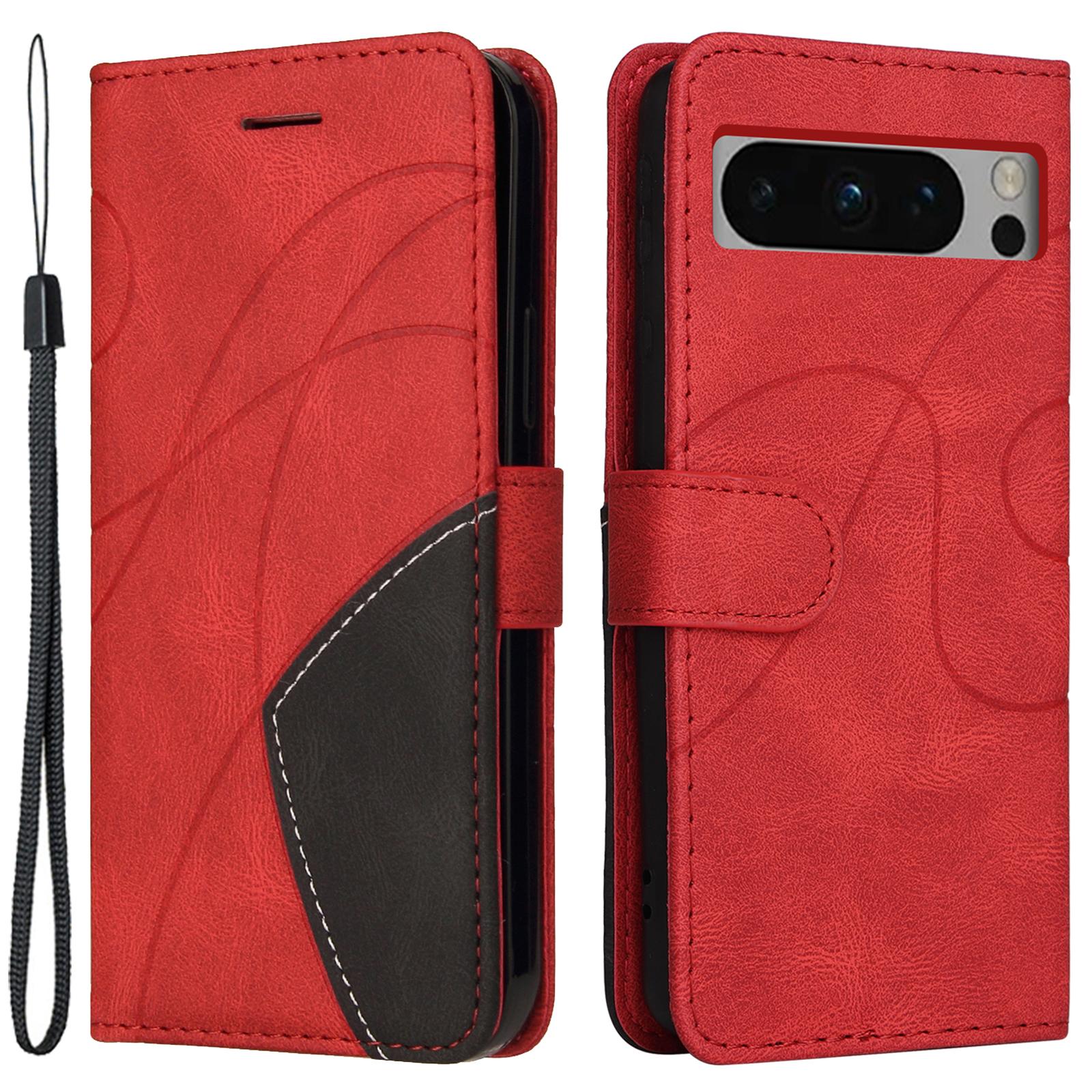 

For Google Pixel 8 Pro Leather Case Wallet Stand Color Splicing Phone Cover Red