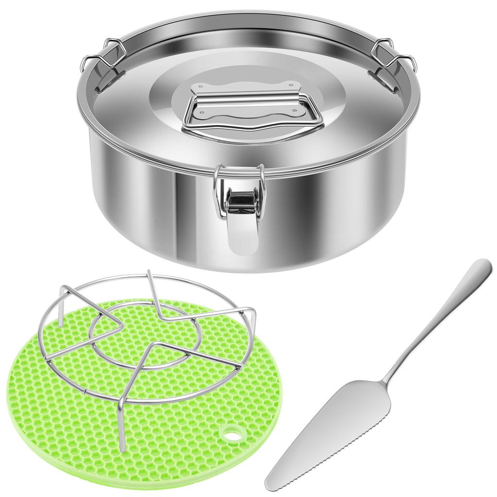 Flan Mold with Lid 304 Stainless Steel Flan Pan with Steam Rack Silicone Heat Pad Baking Supplies for Cake Dessert Pudding