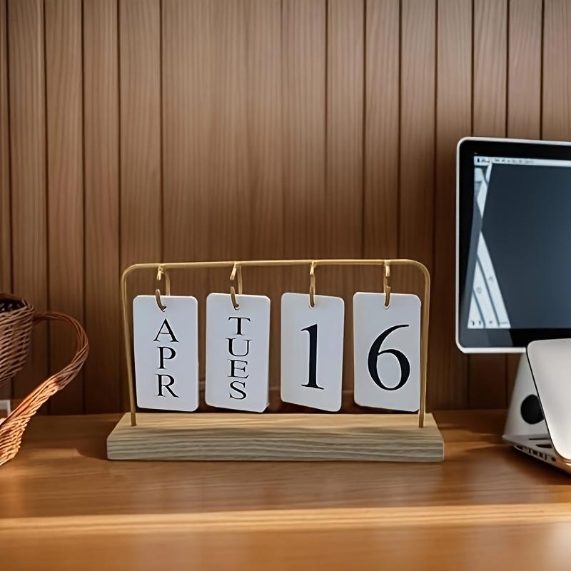 1PC Classic Wooden Calendar, Flip-page Calendar, Displaying The Month and Date, Perfect for Decorating Your Desk or Home with A Gold Border