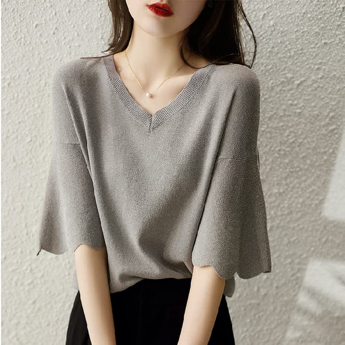 Ruffled Summer Knit for Short Large Loose Stylish [YOMORIO] Women, Knit, Sleeve, Size, Fit, T-Shirt, Knit, V-Neck, Plain, Thin, Breathable, Spring,