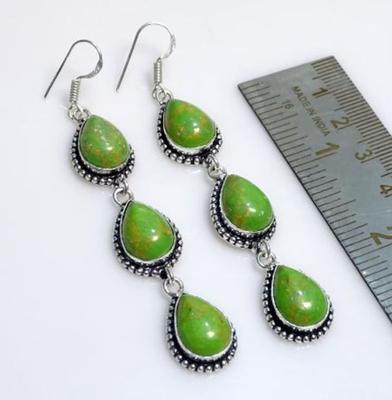 Solid 925 Sterling Silver Green Copper Turquoise Gemstone Handmade Designer Dangle Earring Charm Jewelry