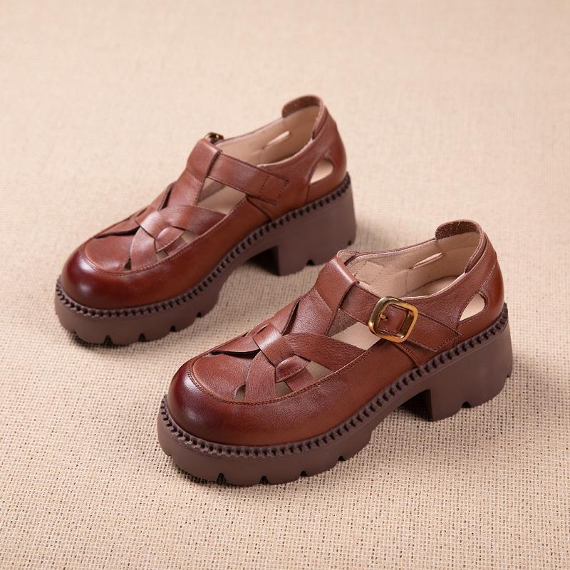 The First Layer of Cowhide Loafers Women's Summer 2025 New Leather Casual Brock Roman Platform Sandals Women's Shoes