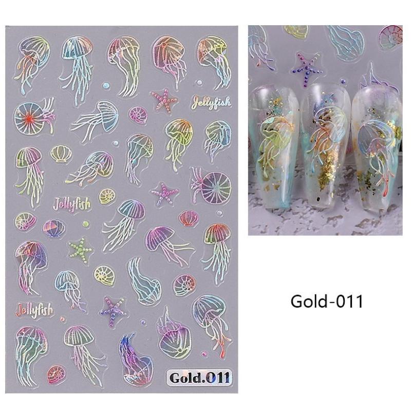 Jellyfish Summer Beach Nail Stickers Colorful Shell Starfish Conch Fish Adhesive Sliders Embossed Decals Manicure Foils Decor