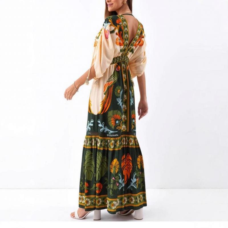 2025 European & American Summer V-neck Retro Ethnic Linen Dress for Women