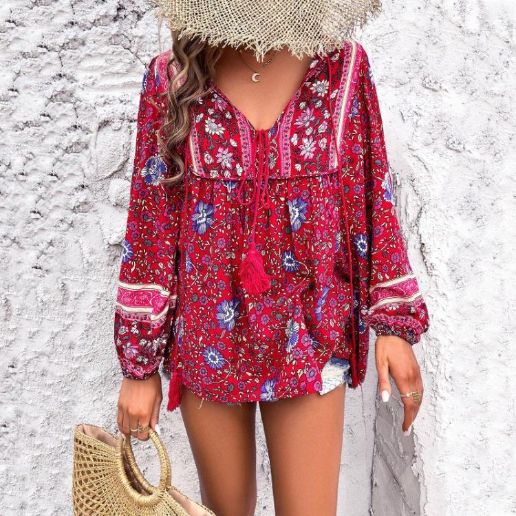 Spring Summer Women Printed Long Sleeved Holiday Casual Shirt S красный
