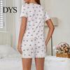 Lady Sleepwear Set 2 Pcs/Set Pajamas Suit Lace Splicing V Neck Short Sleeve Top Pajama Cherry Printing Comfort Homewear Outfit Casual Shorts Nightwear