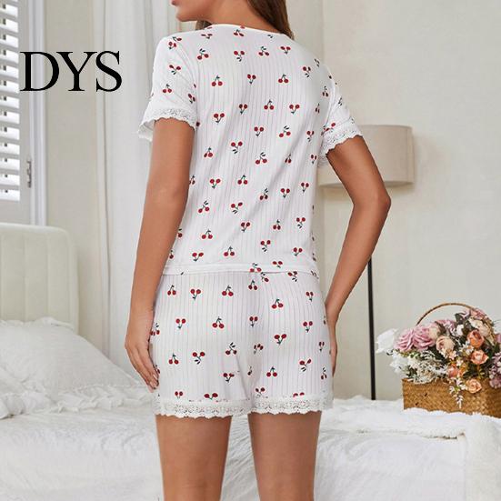Lady Sleepwear Set 2 Pcs/Set Pajamas Suit Lace Splicing V Neck Short Sleeve Top Pajama Cherry Printing Comfort Homewear Outfit Casual Shorts Nightwear