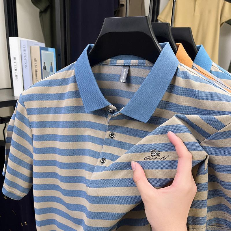 Ice Silk Men'S Short-Sleeved T-Shirt Lapel Striped Casual Father Polo Shirt