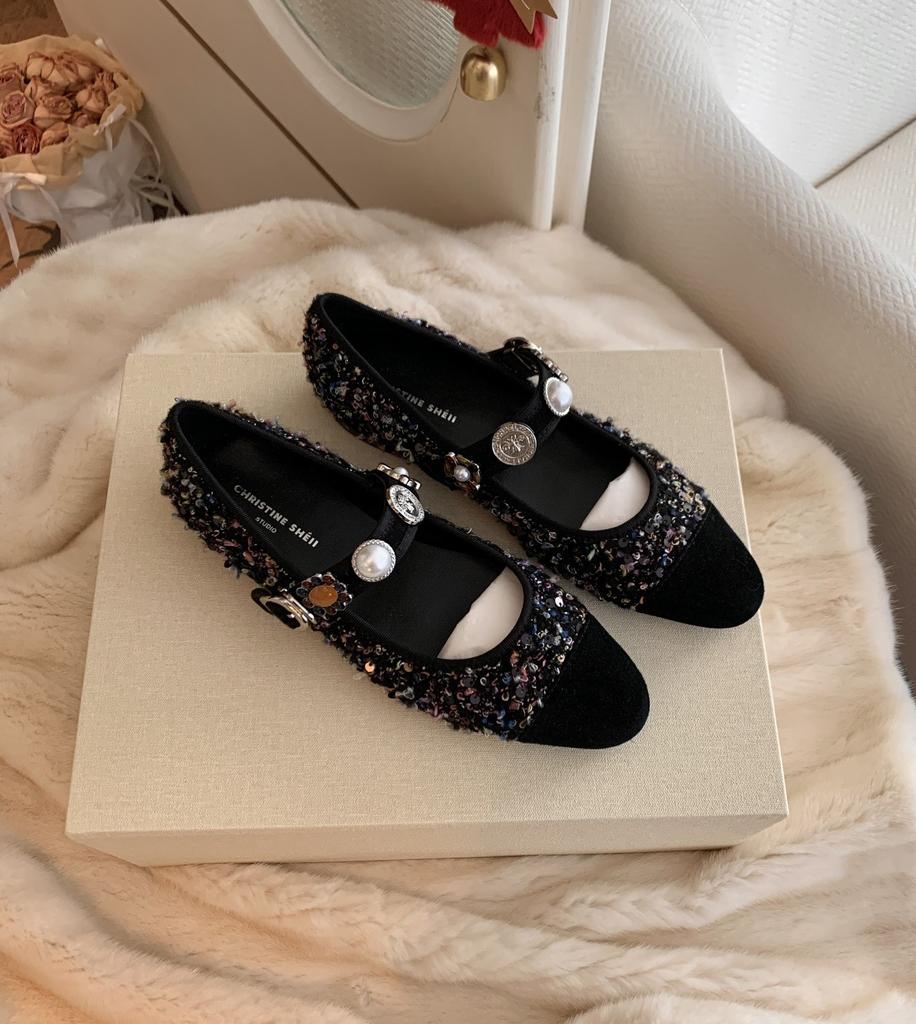 Sheepskin Princess Anne Tweed Badge Buckle Mary Jane Single Shoes Women's Banquet Wedding Shoes