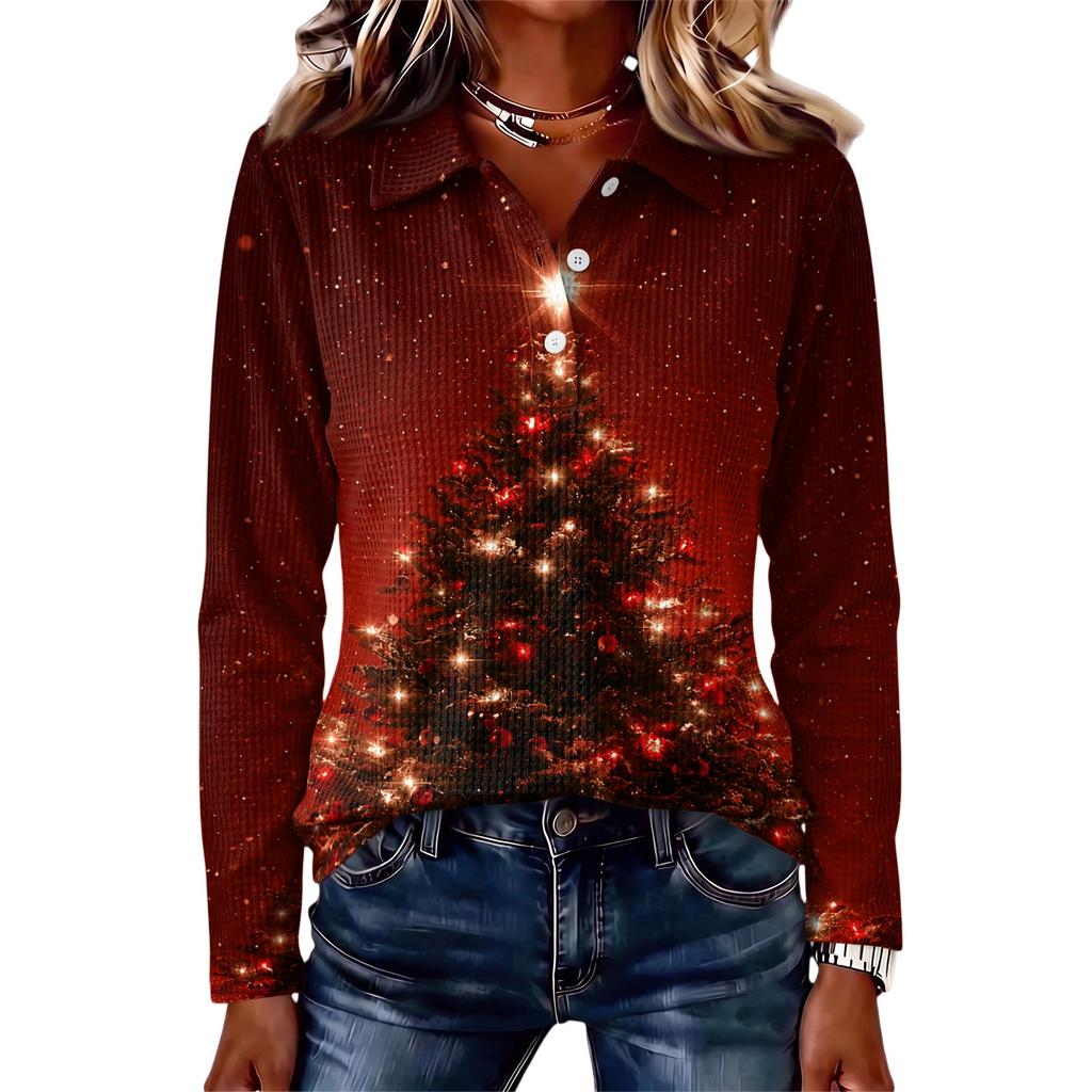 Women's Fashion Casual Button Front Long Sleeve Christmas Top with Collar
