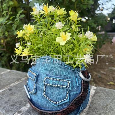 Creative Denim Bag Flower Pot, Unique Resin Statue, Suitable for Home Balcony Decoration Garden Garden Ornament