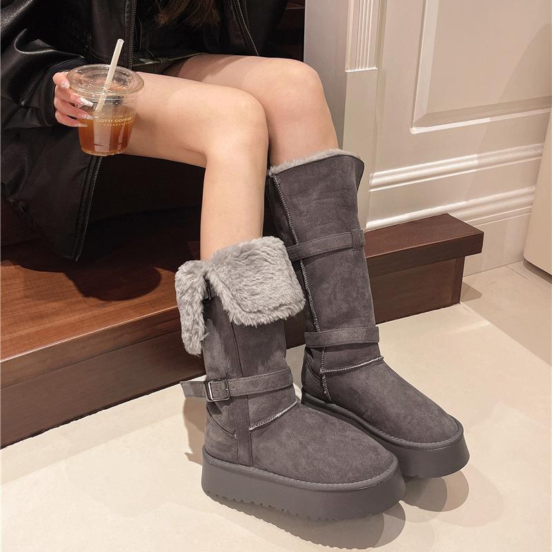 

Женские легкие зимние утепленные флисовой подкладкой сноубутсы на массивном каблуке, нескользящие, повседневные, спортивные, из замши и хлопка 40 серый