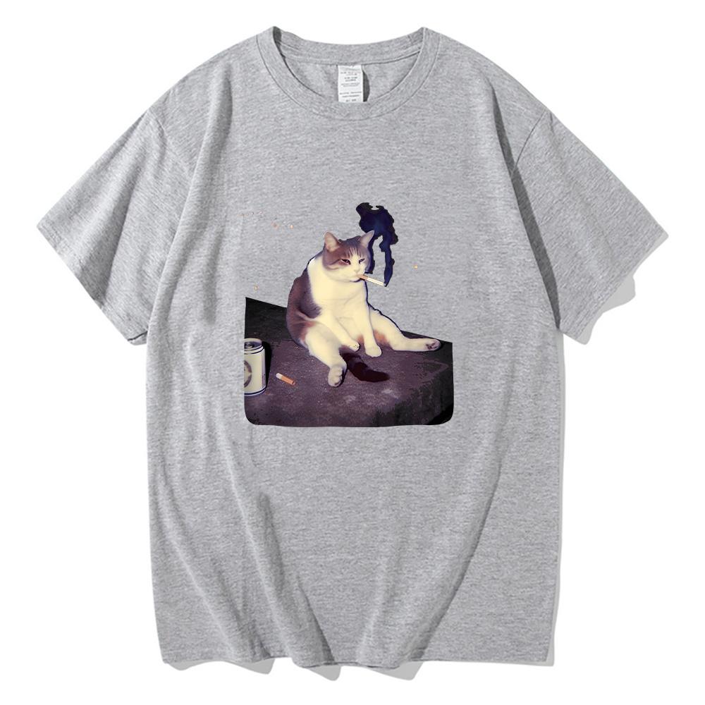 Funny Smoking Cat Meme T-shirt Cigarette Cat Print Clothing Stupid Brainrot Gift Cotton Tee Cat Lover High Quality Tshirt Unisex Men Women Anime Tops