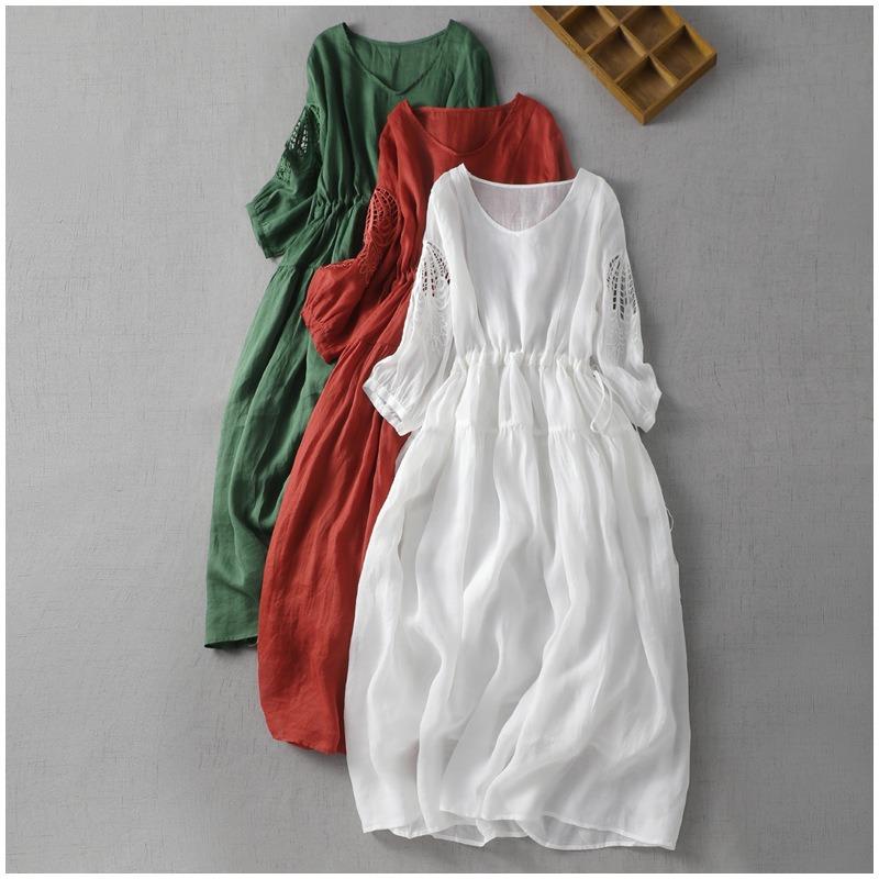 Literarisches Retro-Kleid für Damen, hautfreundlich, große Größe, mit sieben Ärmeln, hohle, lockere Taille