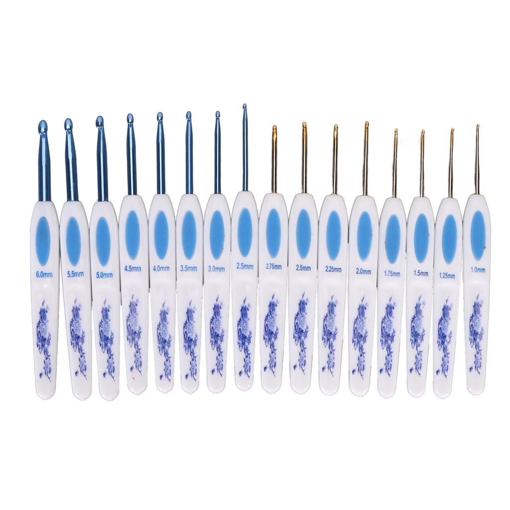 16pcs Crochet Hooks Set Blue White Porcelain Ergonomic Handle Crochet Needles with Case DIY Hand