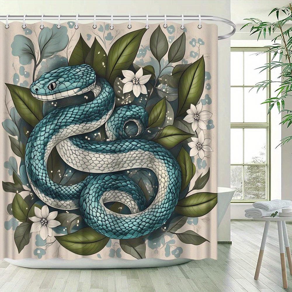 Turquoise Snake Shower Curtain - Realistic Design, Green Leaves & White Flowers, Exotic Bathroom Decor, Polyester