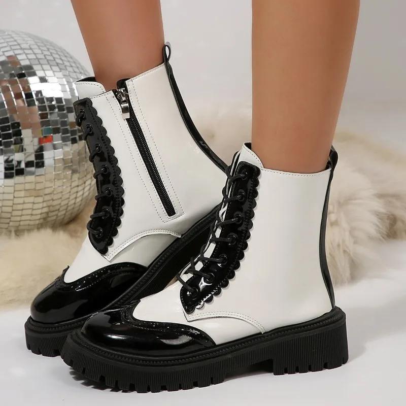Autumn Platform Single Shoes Women 2025 Fashion High Sense Spliced Lace-up Side Zipper Booties