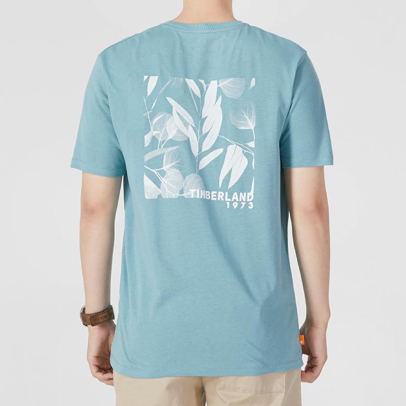 Timberland Logo Plant Print Round Neck American Vintage Dopamine Short Sleeve T-Shirt Men Tops Sky-Blue A62HD-G99