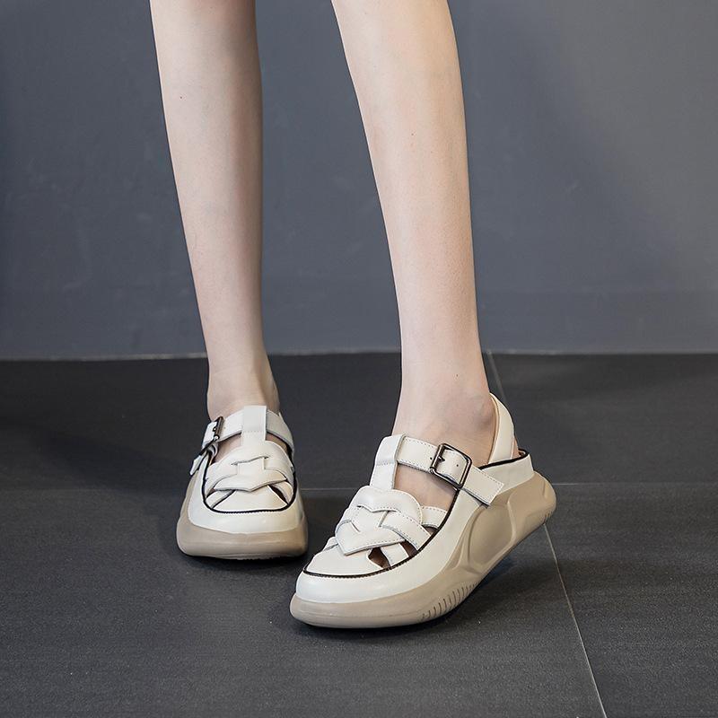 Neue Flache Sandalen Lässig Schnalle Weiches Leder Bequeme Mama Schuhe