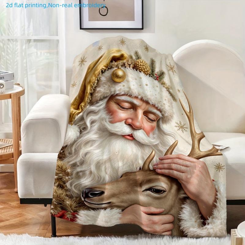 1pc Christmas Holiday Santa And Reindeer Printed Blanket, Cozy Festive Atmosphere, Multi-Size Available, Suitable for Living Room, Bedroom, Study, Off