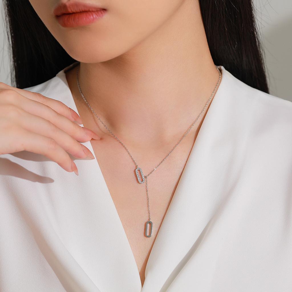 Trendy Gift Jewelry S925 Sterling Silver Zircon Pendant Paper Clip Y-Shaped Tassel Design Necklace for Women