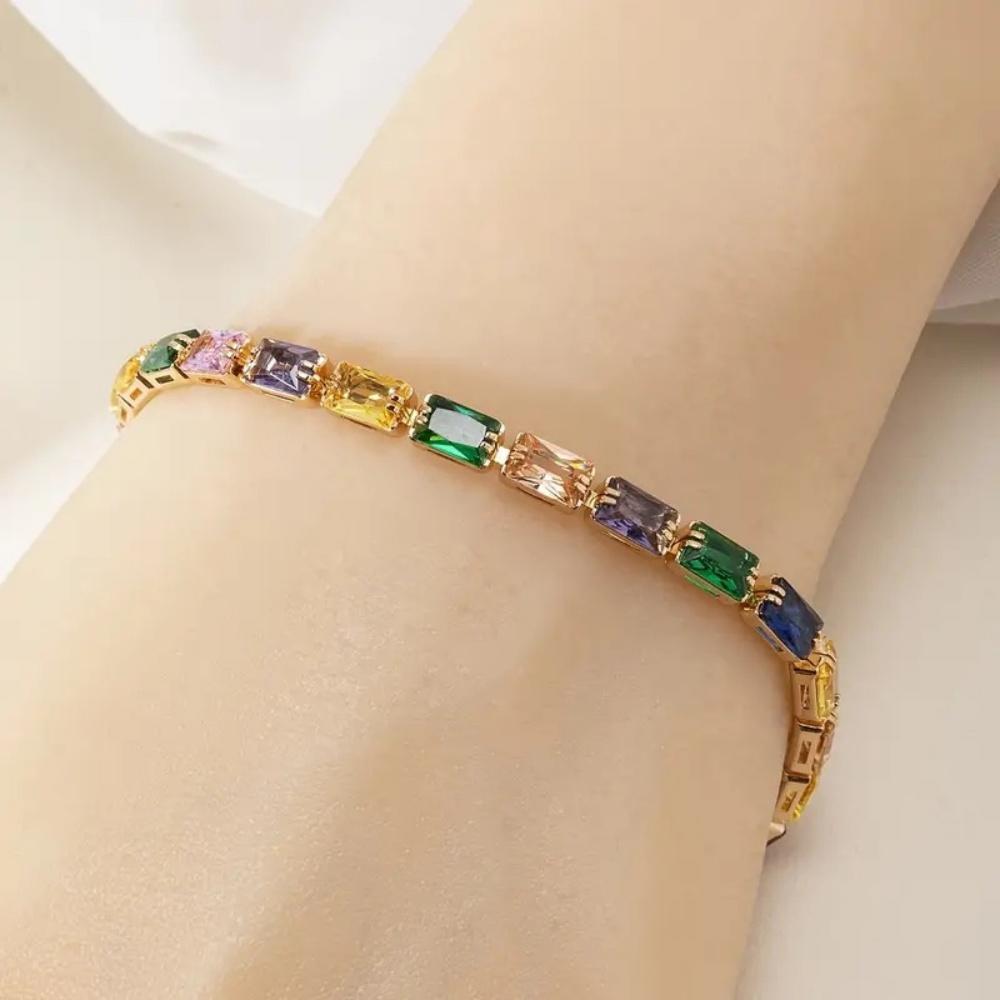 Charm Female White Rainbow Pink Green Red Zircon Stone Rectangle Bracelet Gold Color Wedding Jewelry For Women