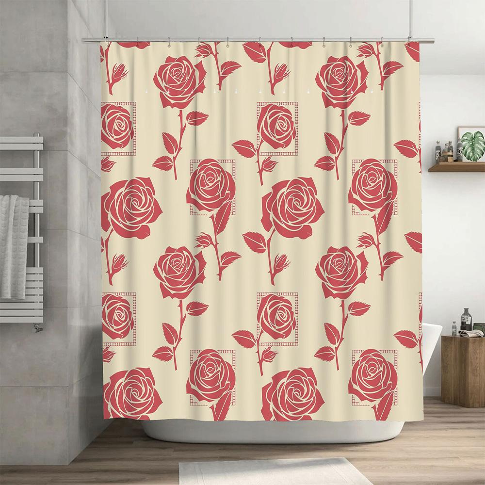 Vintage Red Floral Shower Curtain Decorative Rectangular Pattern Waterproof for Bathrooms Bathroom Accessories 180x240cm (6ftx90