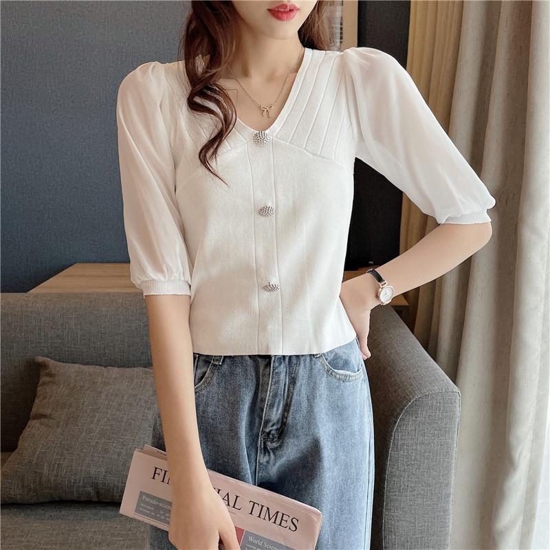 

Модные трикотажные топы женские тонкие летние темпераментные элегантные короткие рукава V-образный вырез шифоновая трикотажная рубашка повседневные основные облегающие пуловеры футболки One Size белый