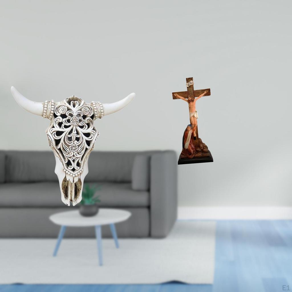 Tribal Bull Head Wall Art And Holy Religious Jesus Sculpture Ornament for Farmhouse Bedroom Office
